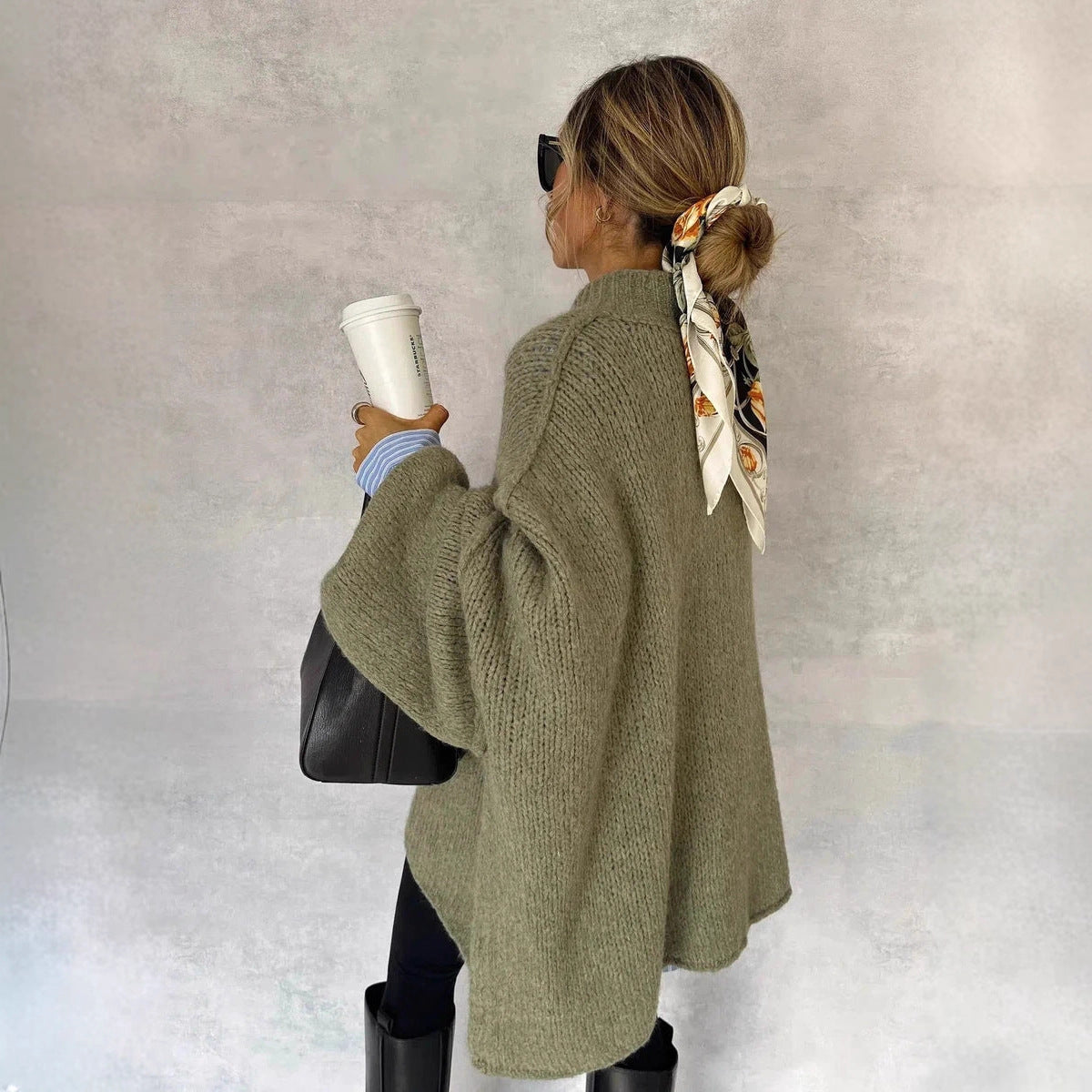 Autumn Winter Solid-Color Casual Knitted Cardigan With Buttons And Oversized Sleeves