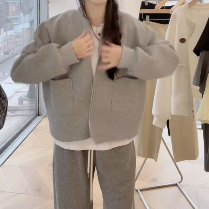 Korean-style Casual Round-neck Long-sleeve Zip-up Hoodie Jacket