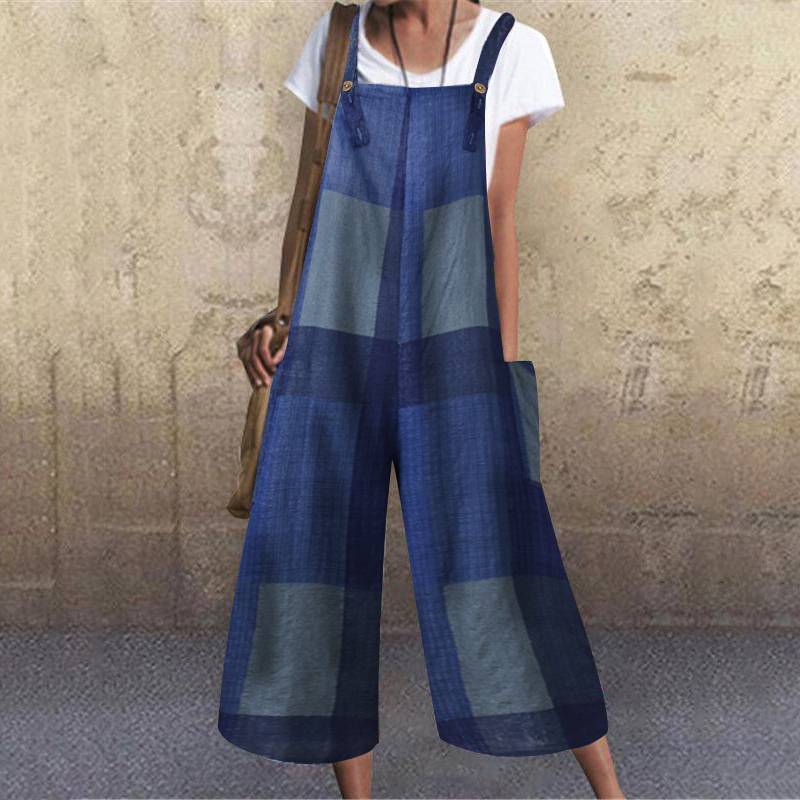 Loose And Thin Cotton And Linen Check Strap Long Jumpsuit