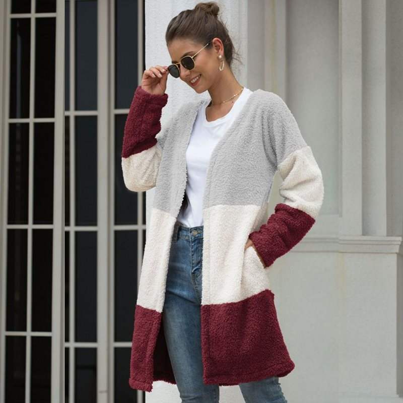 Three Color Female Splicing Wool Cardigan Coat
