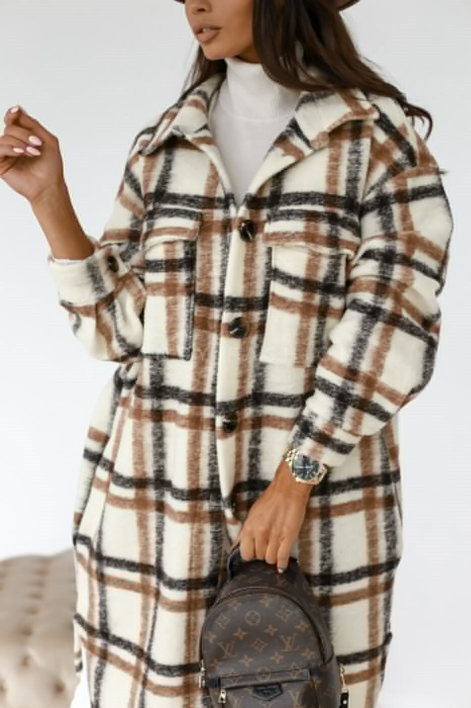 Women's Long-sleeved Plaid Print Mid-length Shirt Jacket