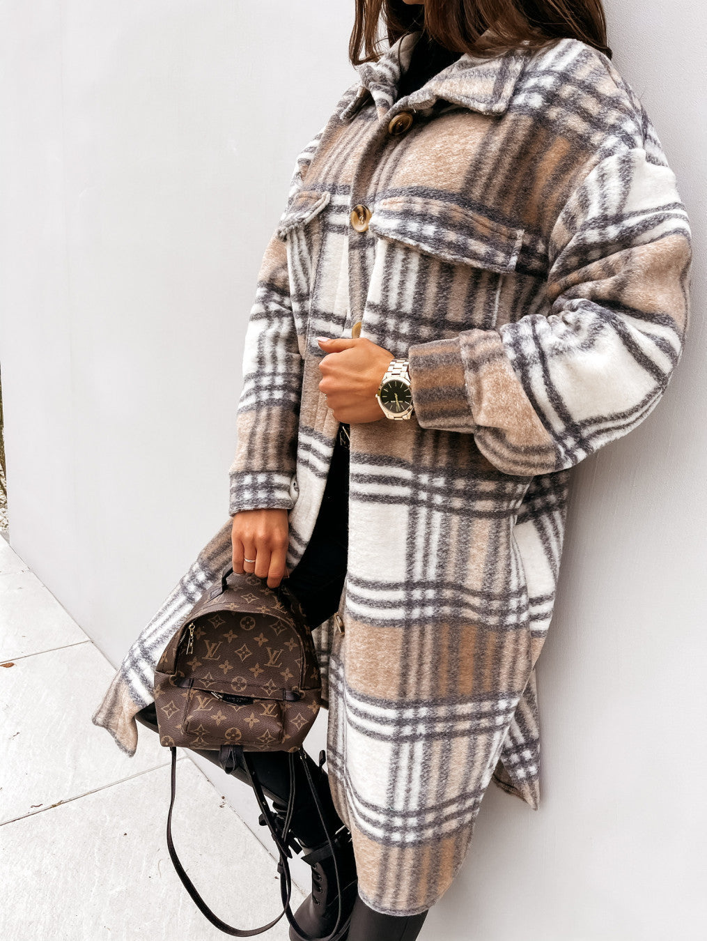 Women's Long-sleeved Plaid Print Mid-length Shirt Jacket
