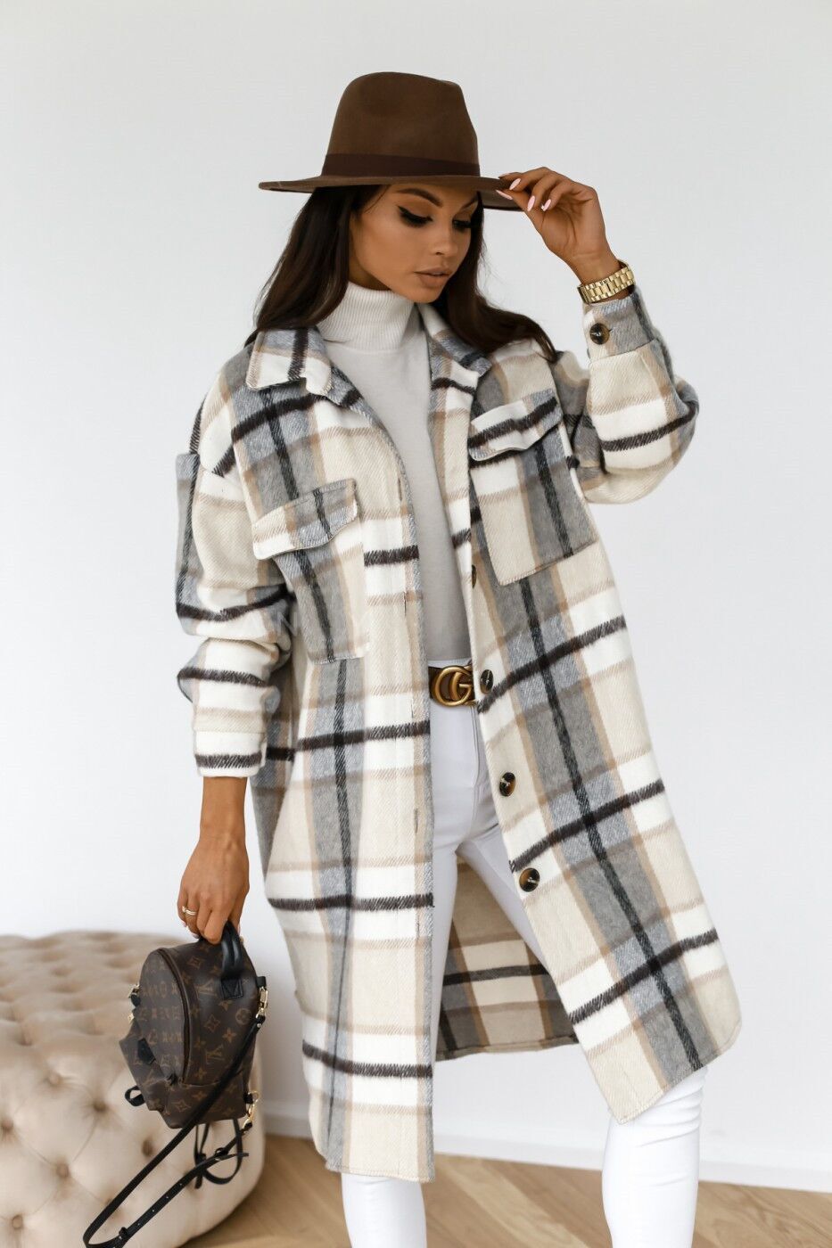 Women's Long-sleeved Plaid Print Mid-length Shirt Jacket