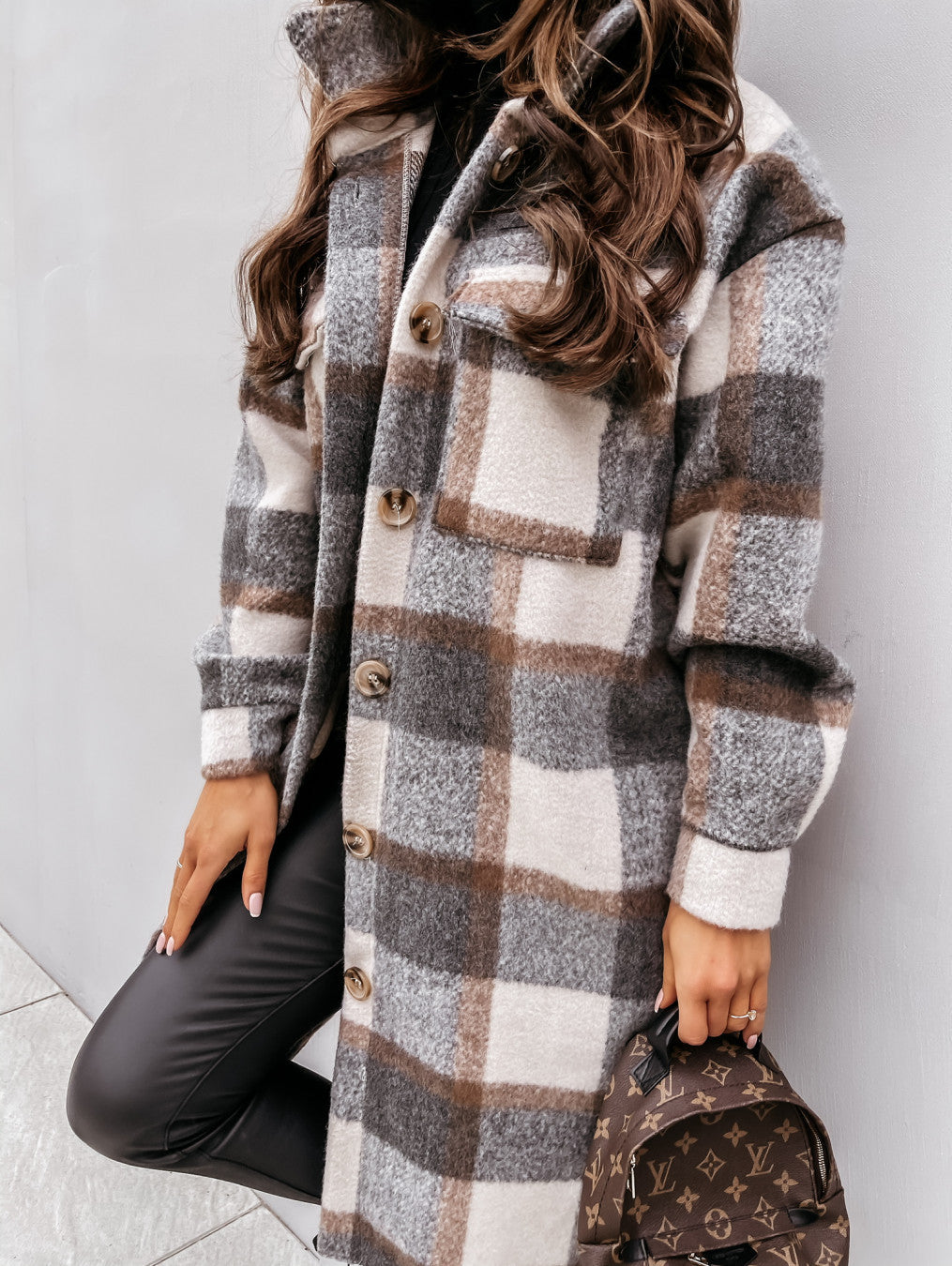 Women's Long-sleeved Plaid Print Mid-length Shirt Jacket