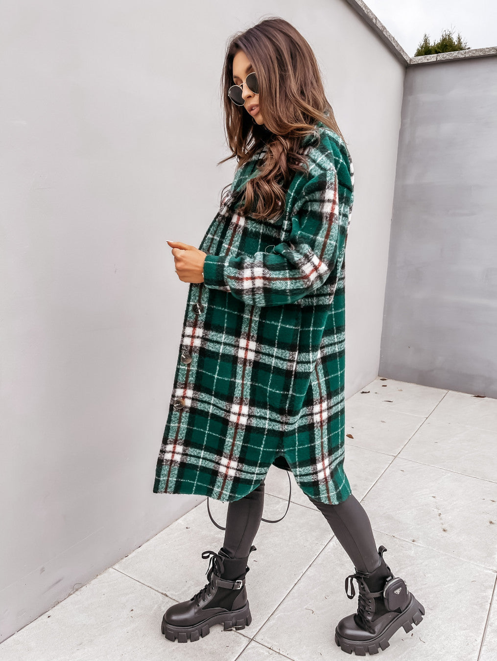 Women's Long-sleeved Plaid Print Mid-length Shirt Jacket
