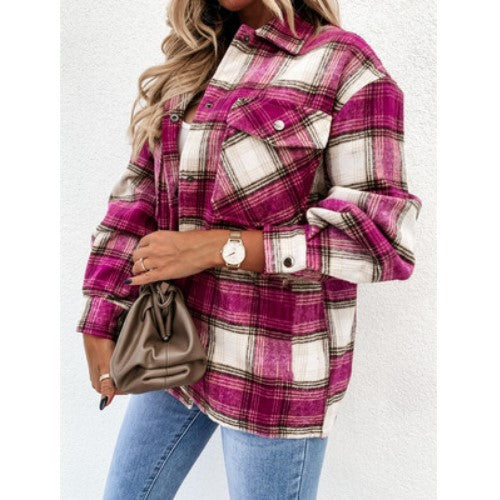 Women's Long-sleeved Plaid Print Mid-length Shirt Jacket