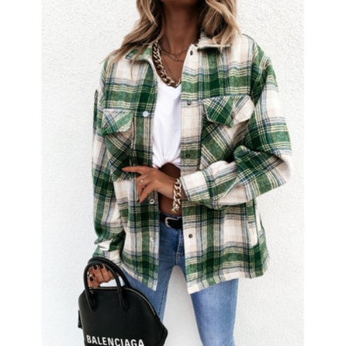 Women's Long-sleeved Plaid Print Mid-length Shirt Jacket