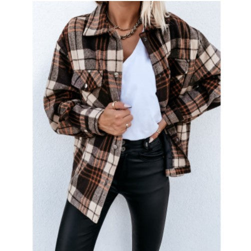 Women's Long-sleeved Plaid Print Mid-length Shirt Jacket