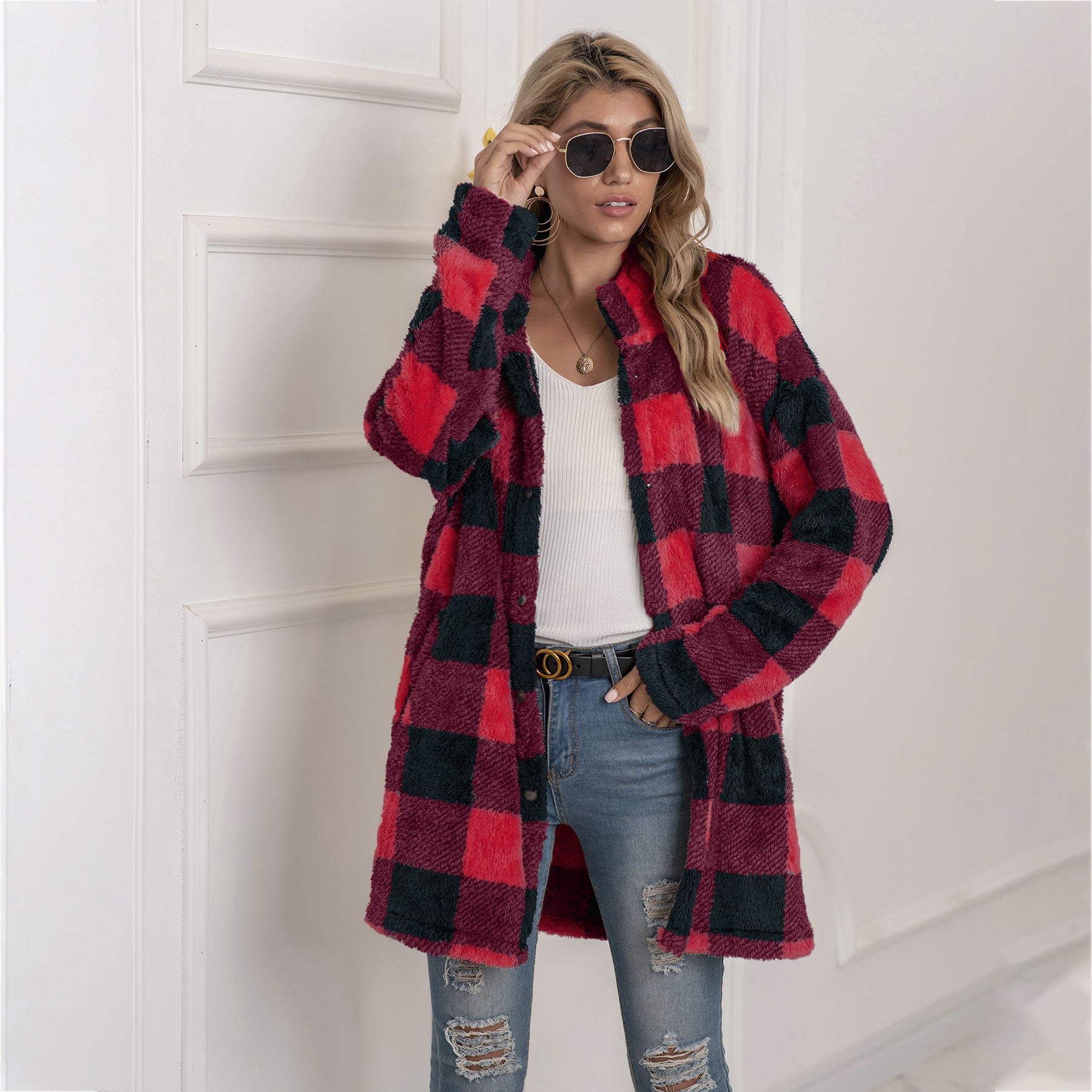 Women's Long-sleeved Plaid Print Mid-length Shirt Jacket