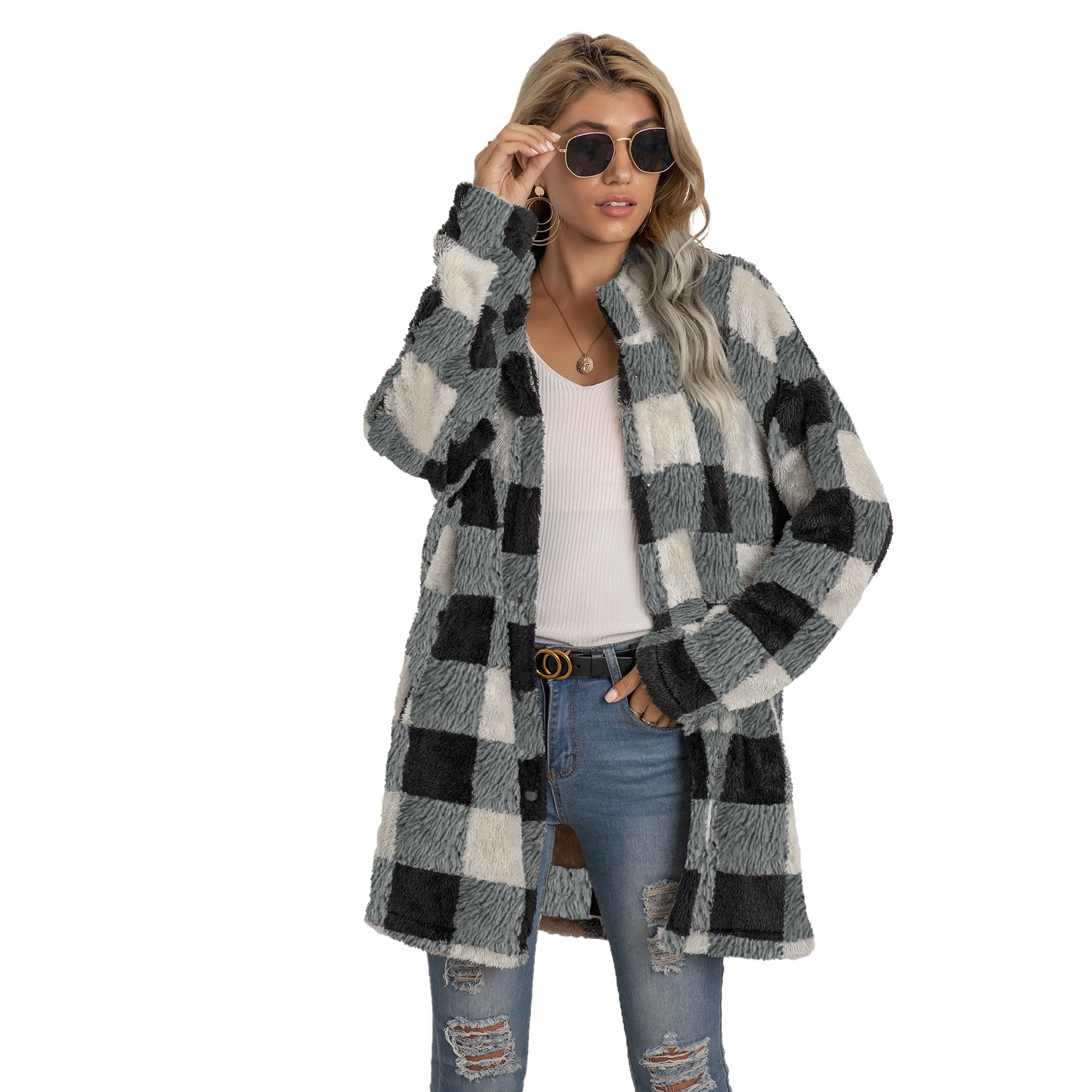 Women's Long-sleeved Plaid Print Mid-length Shirt Jacket