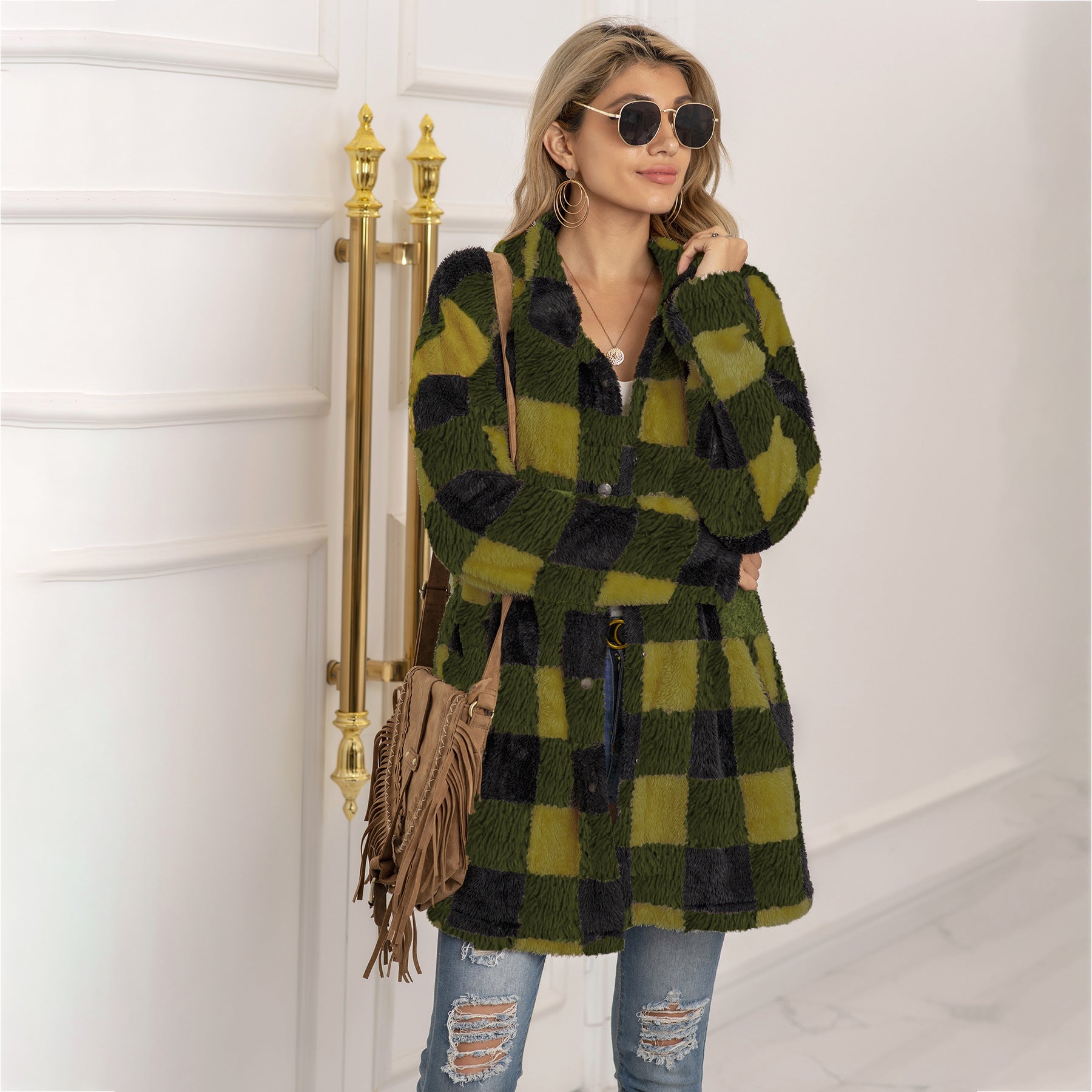 Women's Long-sleeved Plaid Print Mid-length Shirt Jacket
