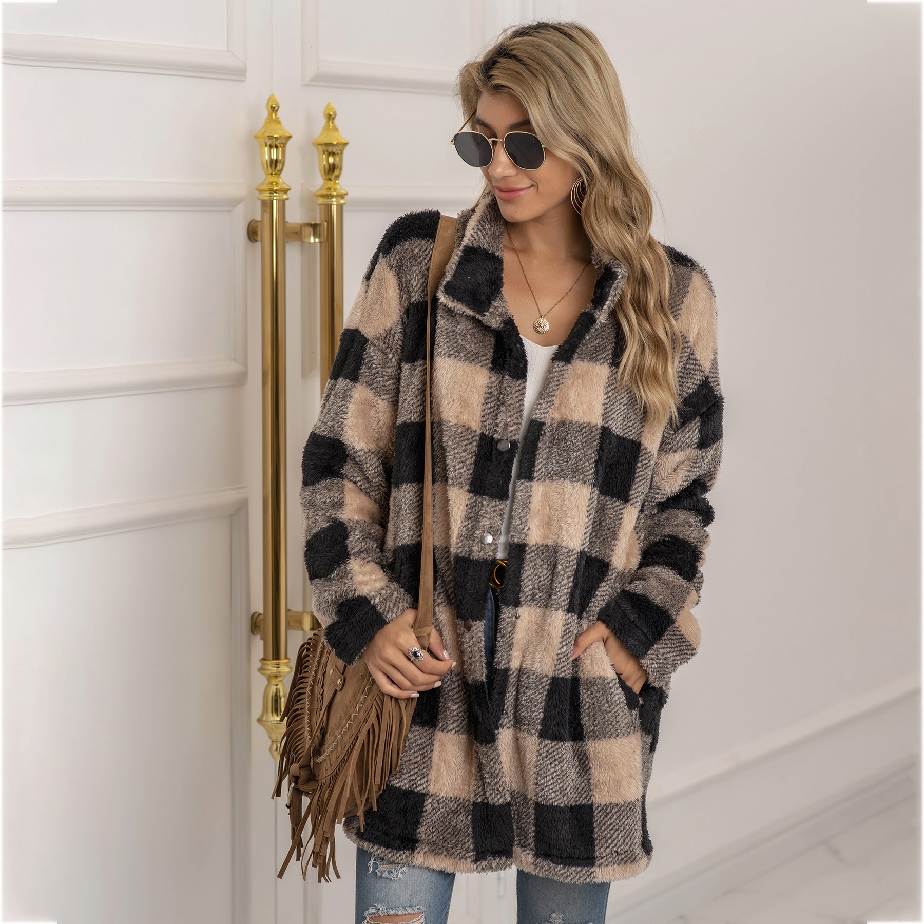 Women's Long-sleeved Plaid Print Mid-length Shirt Jacket