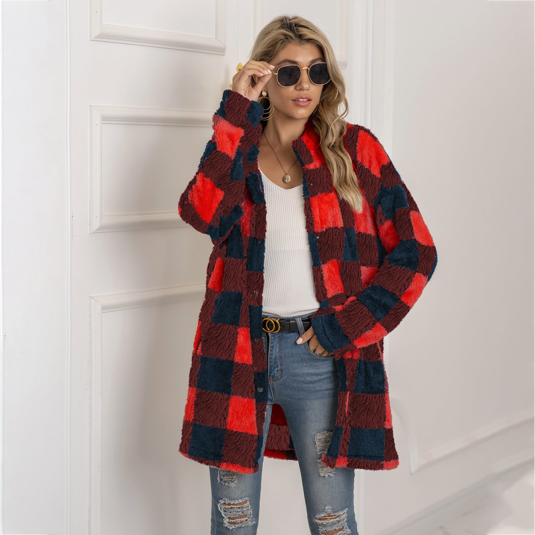 Women's Long-sleeved Plaid Print Mid-length Shirt Jacket