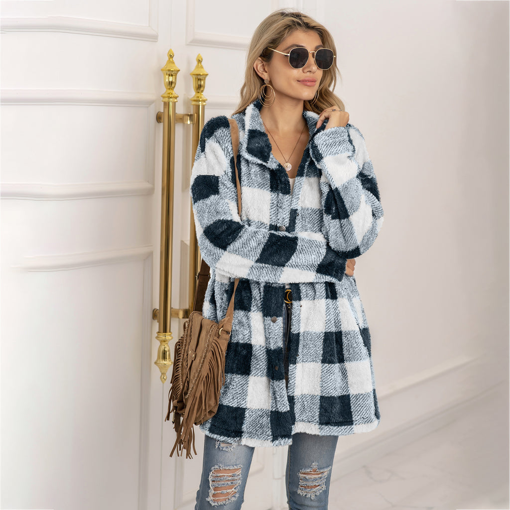 Women's Long-sleeved Plaid Print Mid-length Shirt Jacket