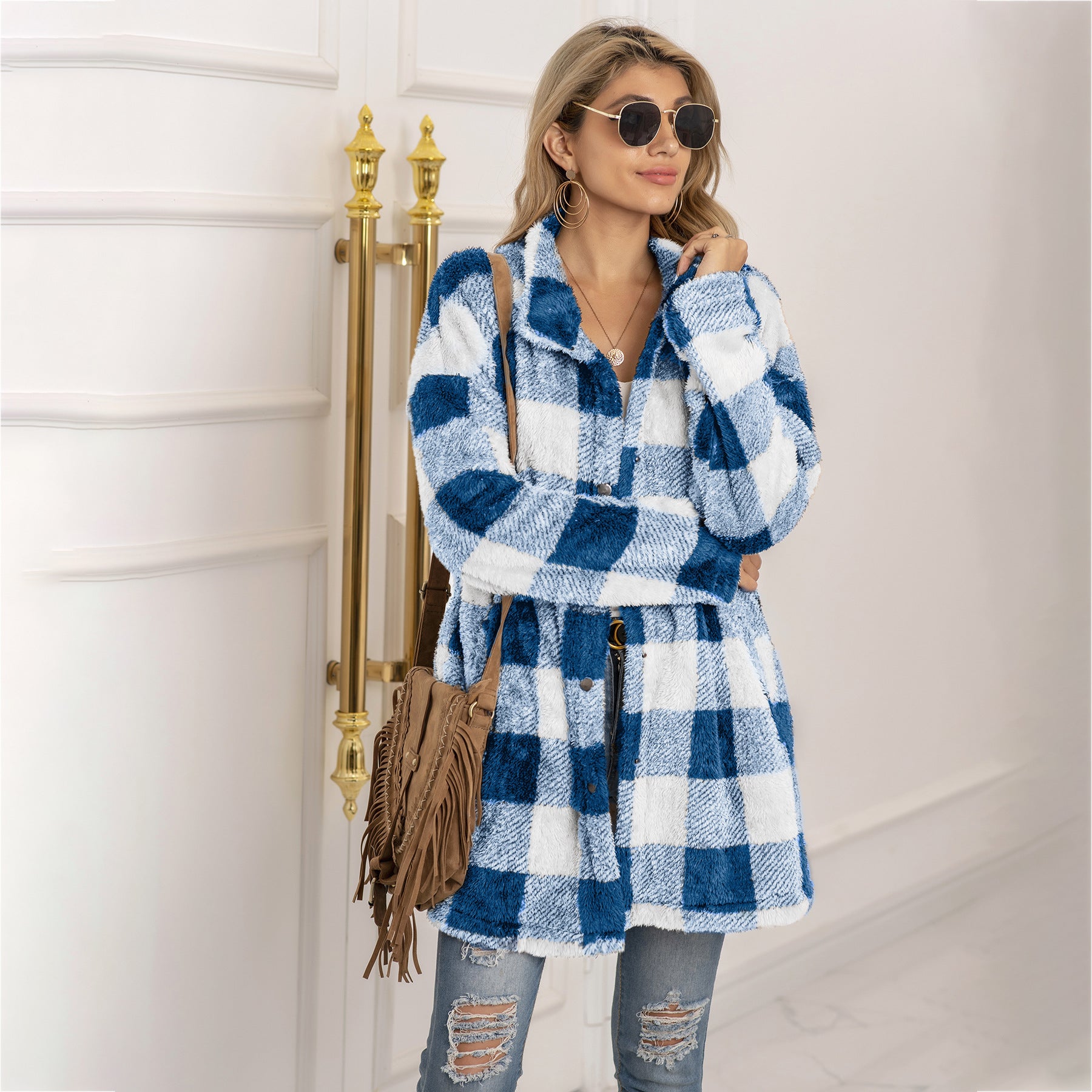 Women's Long-sleeved Plaid Print Mid-length Shirt Jacket