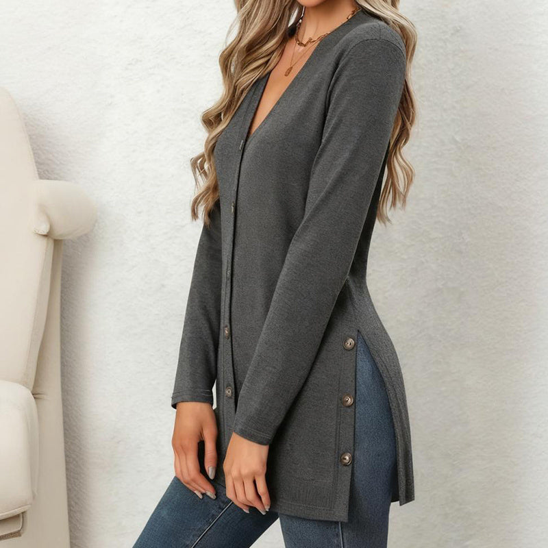 Women's Side Slit Cardigan - 2025 Spring Fall Lightweight V-Neck Button Down Cover Up