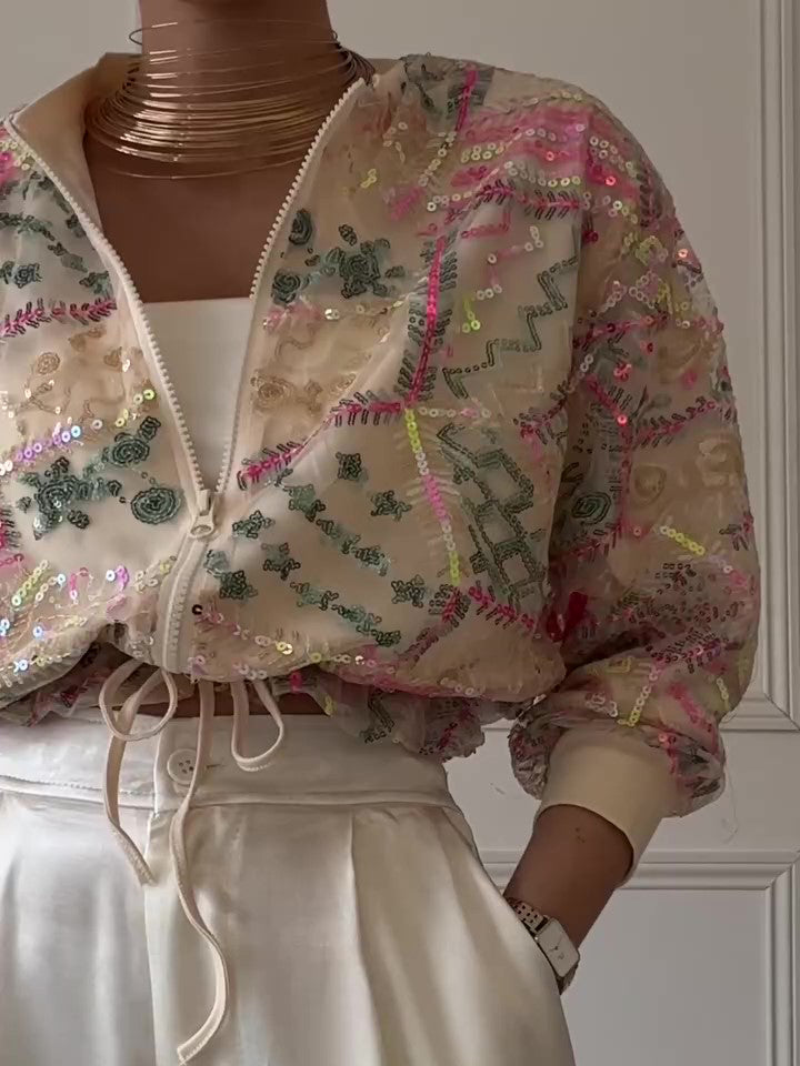 Embroidered Sequin Cropped Bomber Jacket