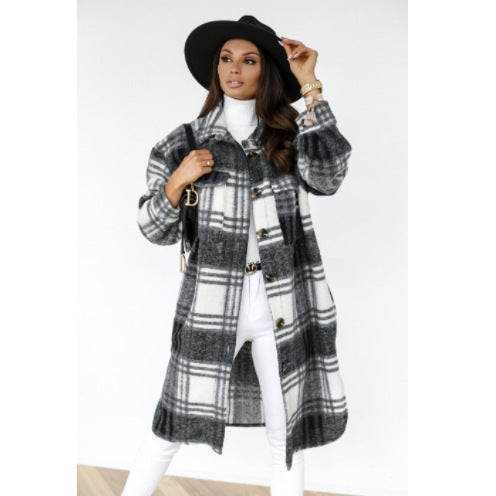 Casual Plaid Lapel Button-down Loose Mid-length Wool Coat