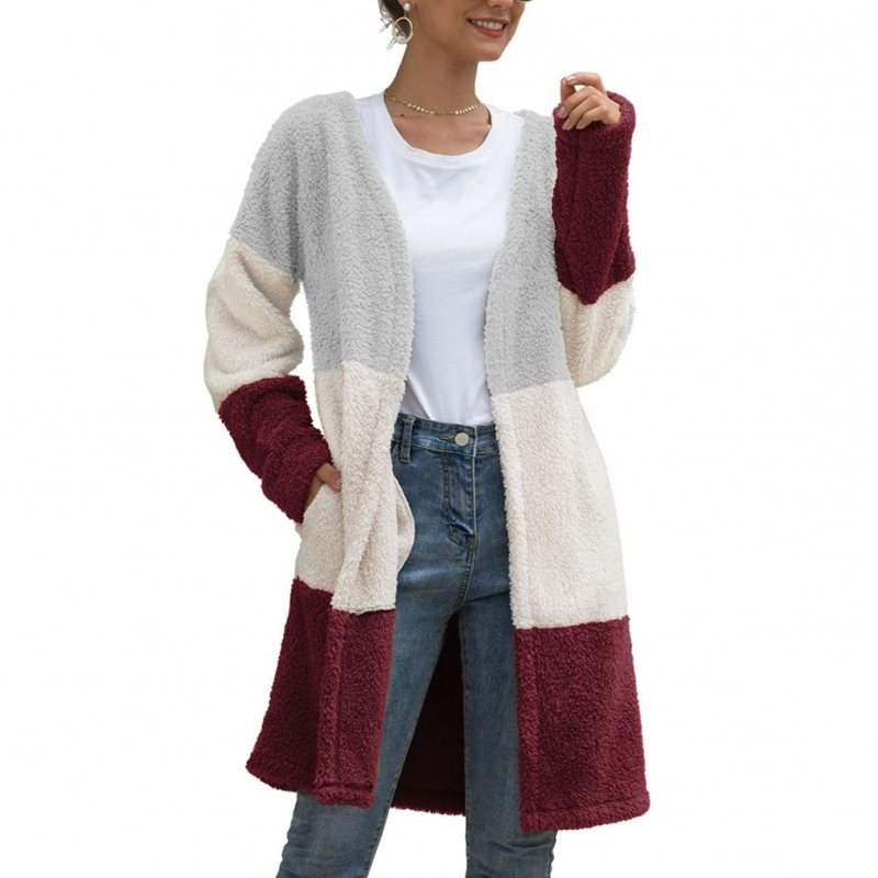 Three Color Female Splicing Wool Cardigan Coat