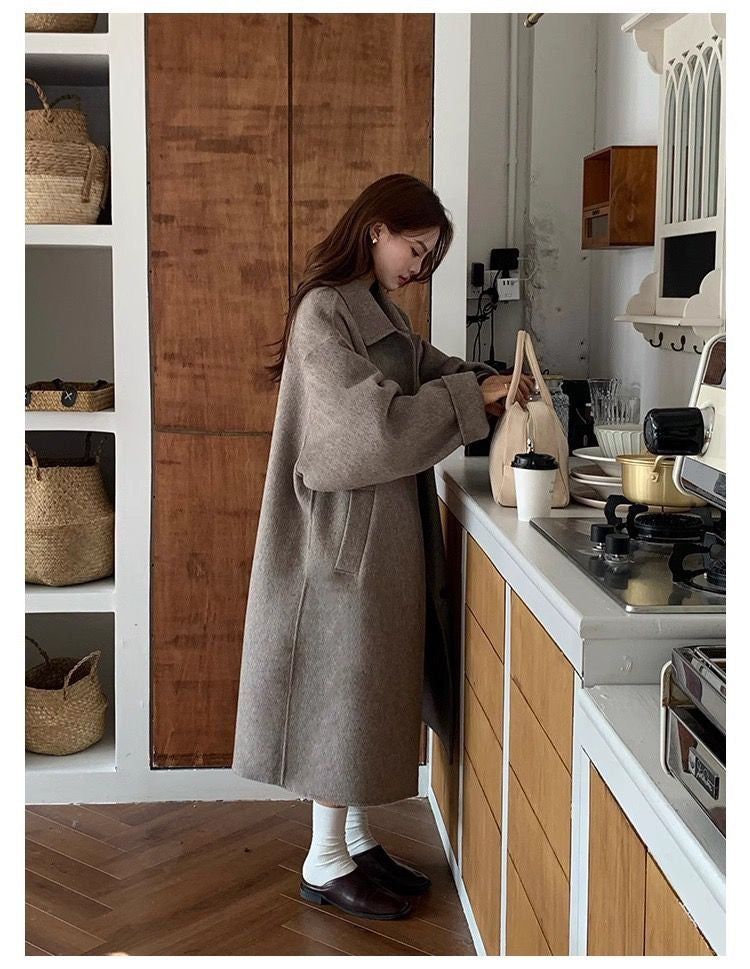 Solid-color, Sophisticated, Vintage-style Double-faced Cashmere Wool Coat With Added Thickness