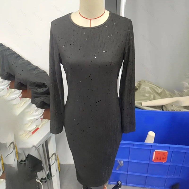 Women's Elegant Sequin Midi Dress, Sparkling Bodycon Round Neck Gown For Wedding & Formal Events