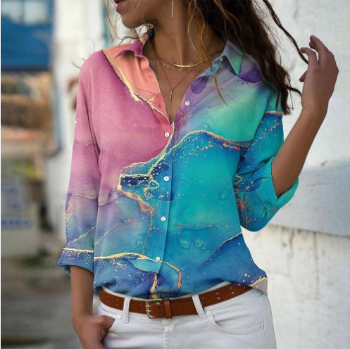 Digital Printing Long Sleeve Lapel Casual Shirt
