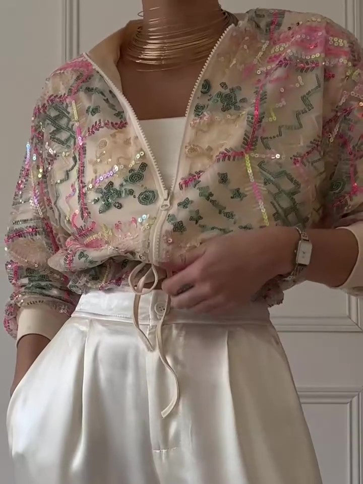 Embroidered Sequin Cropped Bomber Jacket