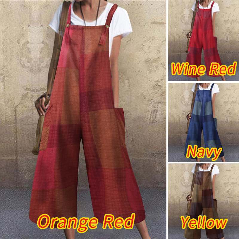 Loose And Thin Cotton And Linen Check Strap Long Jumpsuit