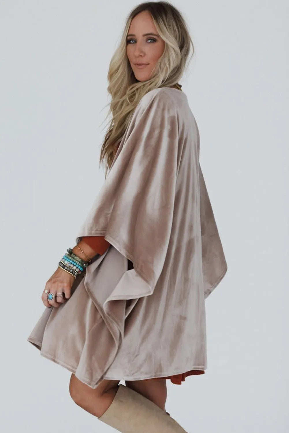 Smoke Gray Sleeve Open Front Velvet Kimono