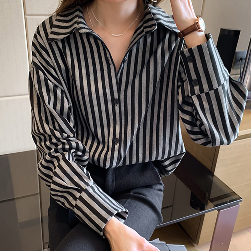 Retro Hong Kong-style Women's All-match Western Style Long-sleeved Striped Design Niche Student Shirt