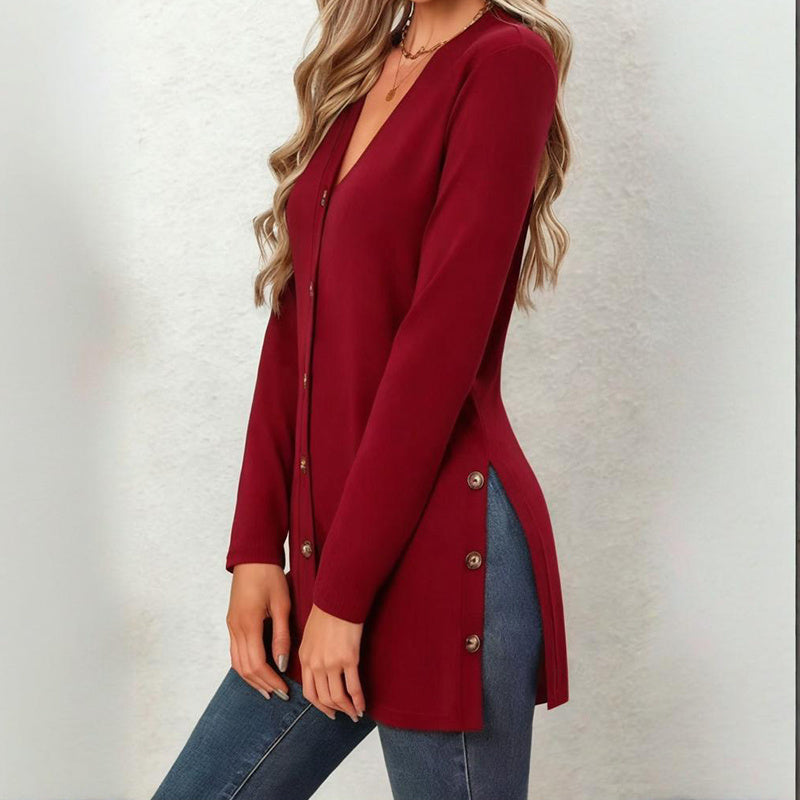 Women's Side Slit Cardigan - 2025 Spring Fall Lightweight V-Neck Button Down Cover Up