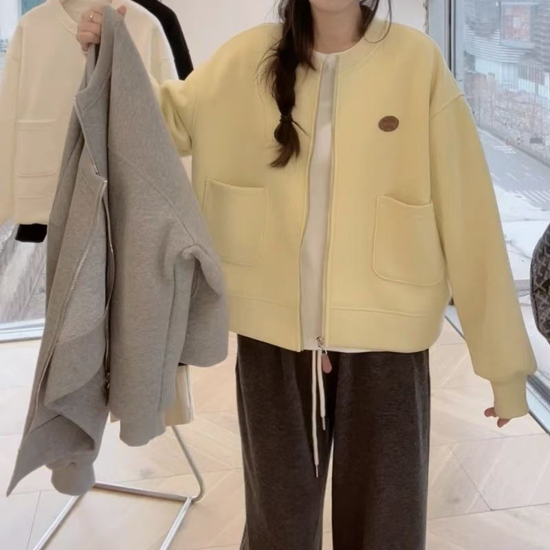 Korean-style Casual Round-neck Long-sleeve Zip-up Hoodie Jacket