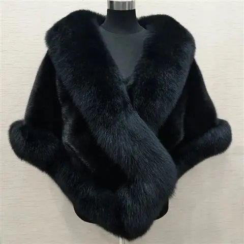 Cappotto Cappa di Pelliccia di Volpe e Visone Imita per Abito Taglie Forti