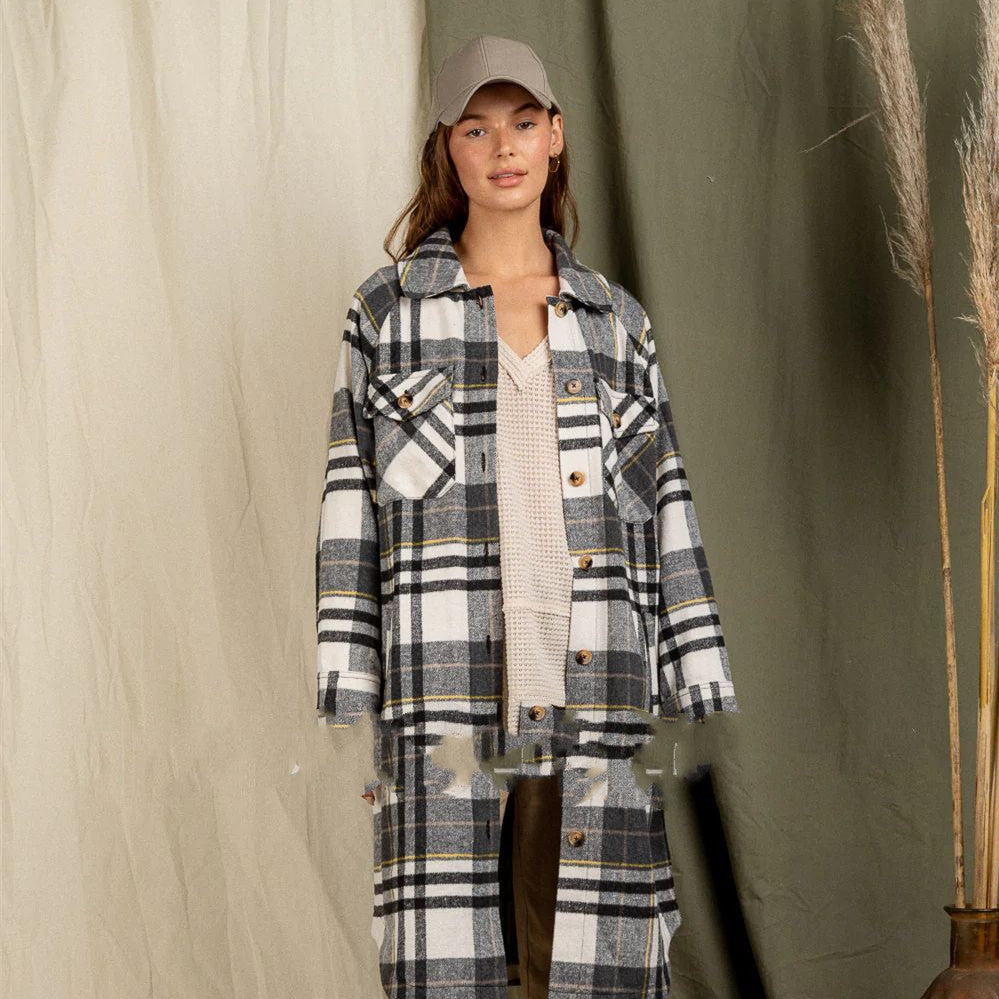 Large Pocket Long Sleeve Long Plaid Jacket Cardigan
