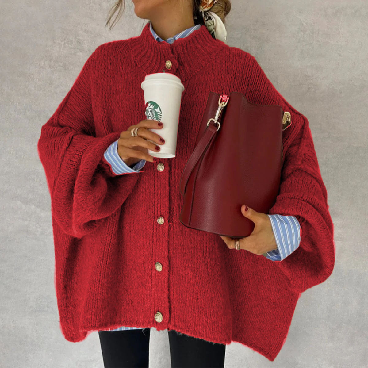 Autumn Winter Solid-Color Casual Knitted Cardigan With Buttons And Oversized Sleeves