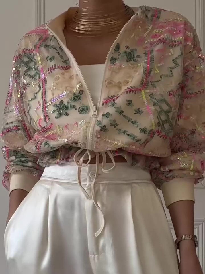 Embroidered Sequin Cropped Bomber Jacket