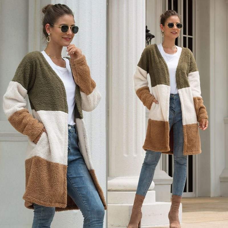 Three Color Female Splicing Wool Cardigan Coat