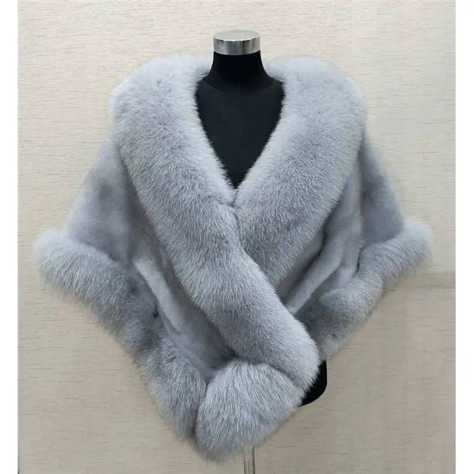 Cappotto Cappa di Pelliccia di Volpe e Visone Imita per Abito Taglie Forti
