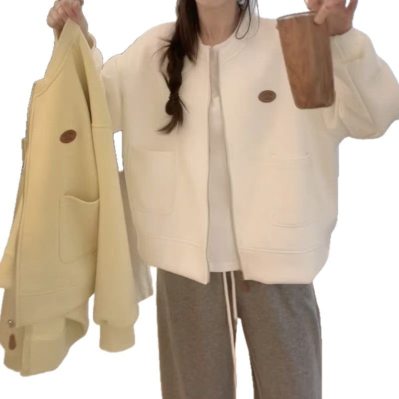 Korean-style Casual Round-neck Long-sleeve Zip-up Hoodie Jacket