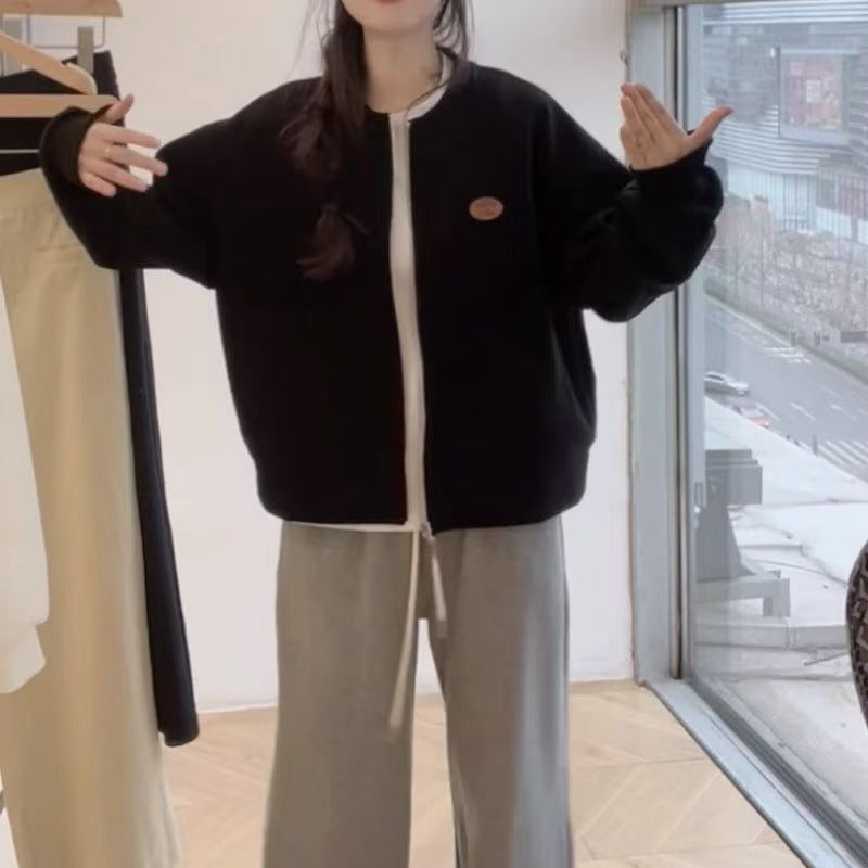 Korean-style Casual Round-neck Long-sleeve Zip-up Hoodie Jacket