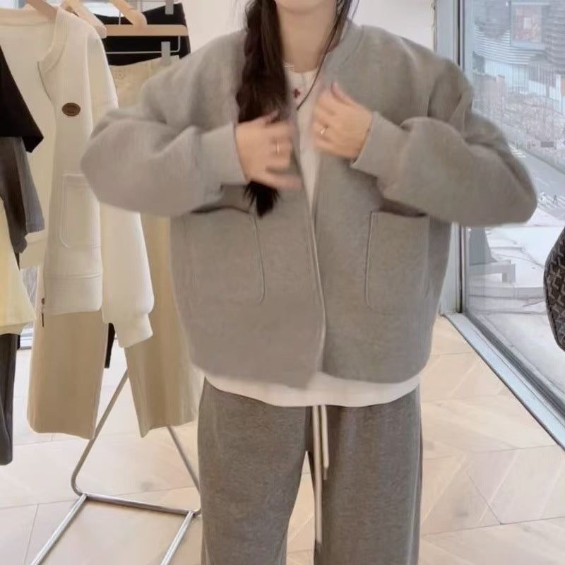 Korean-style Casual Round-neck Long-sleeve Zip-up Hoodie Jacket