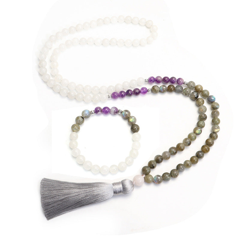 Bohemian necklace with 108 glittery beads and an amethyst lantern