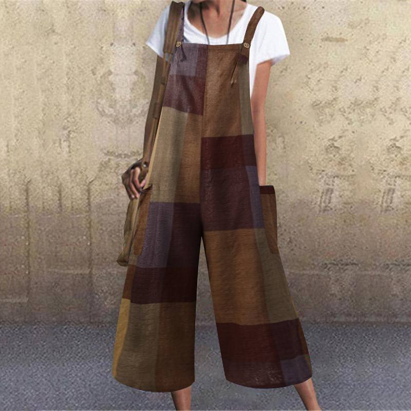 Loose And Thin Cotton And Linen Check Strap Long Jumpsuit