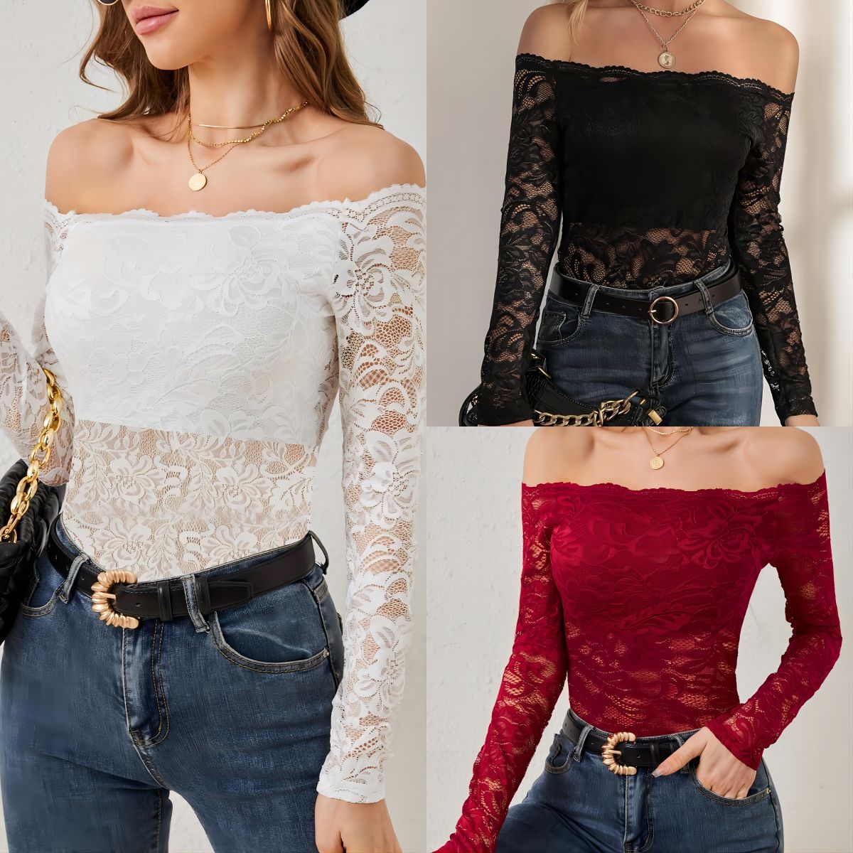 Elegante top in pizzo con scollo a ventaglio e spalle scoperte
