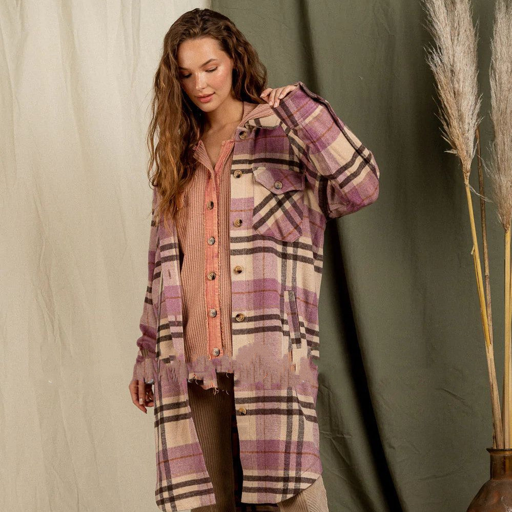 Large Pocket Long Sleeve Long Plaid Jacket Cardigan