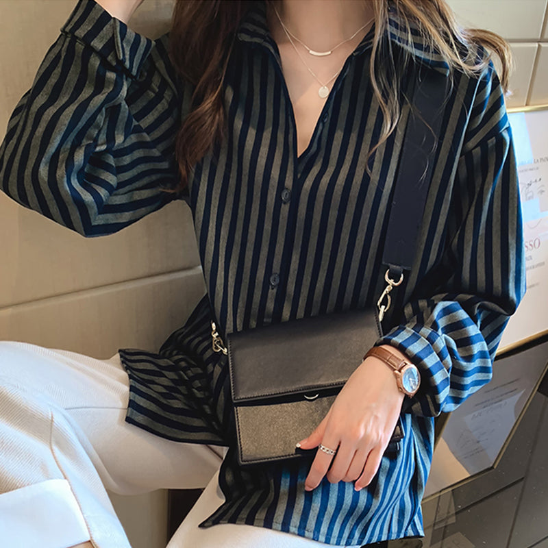 Retro Hong Kong-style Women's All-match Western Style Long-sleeved Striped Design Niche Student Shirt