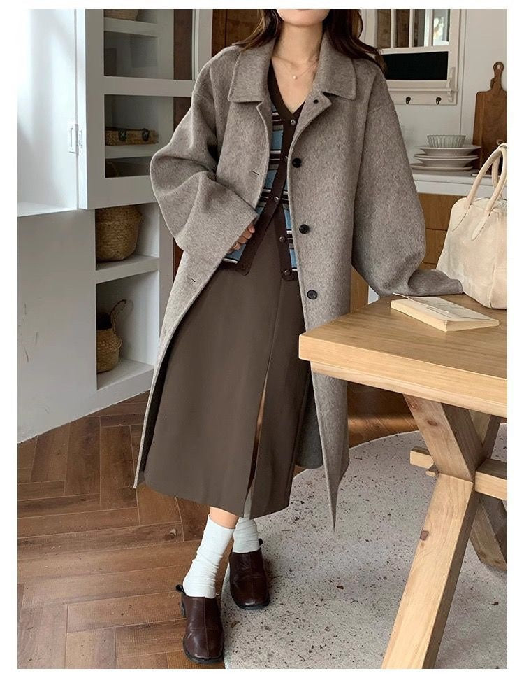 Solid-color, Sophisticated, Vintage-style Double-faced Cashmere Wool Coat With Added Thickness