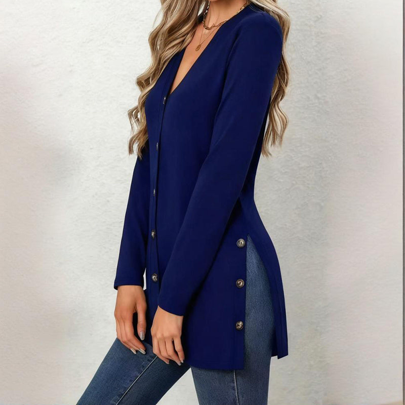 Women's Side Slit Cardigan - 2025 Spring Fall Lightweight V-Neck Button Down Cover Up