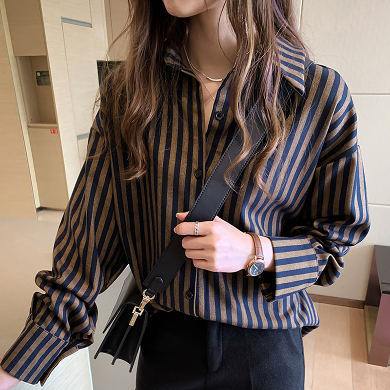 Retro Hong Kong-style Women's All-match Western Style Long-sleeved Striped Design Niche Student Shirt