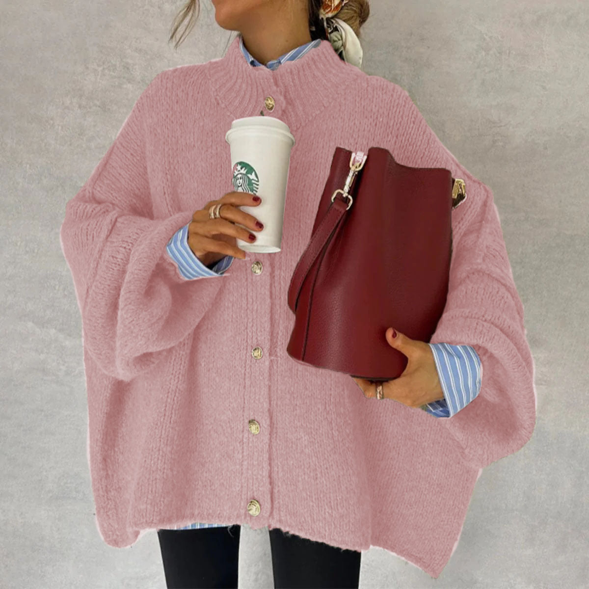 Autumn Winter Solid-Color Casual Knitted Cardigan With Buttons And Oversized Sleeves